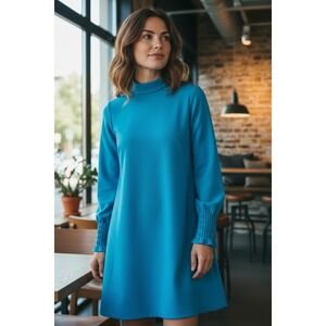 Miss Couture Vintage Mock Neck Shift Dress Blue Long Sleeve 60s Mod